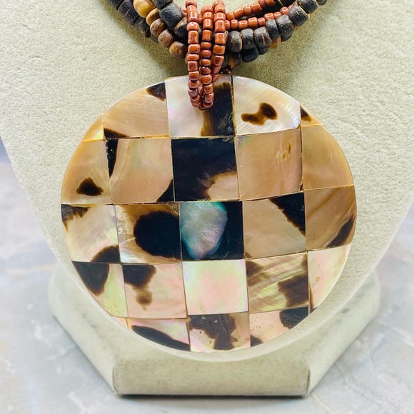 Multicolor Multi Strand Wood Beaded Necklace with Mosaic Mother of Pearl Pendant - Picture 3 of 7